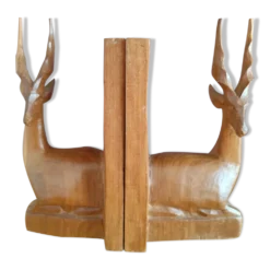 Paire de serre-livres cerfs vintage en chêne massif