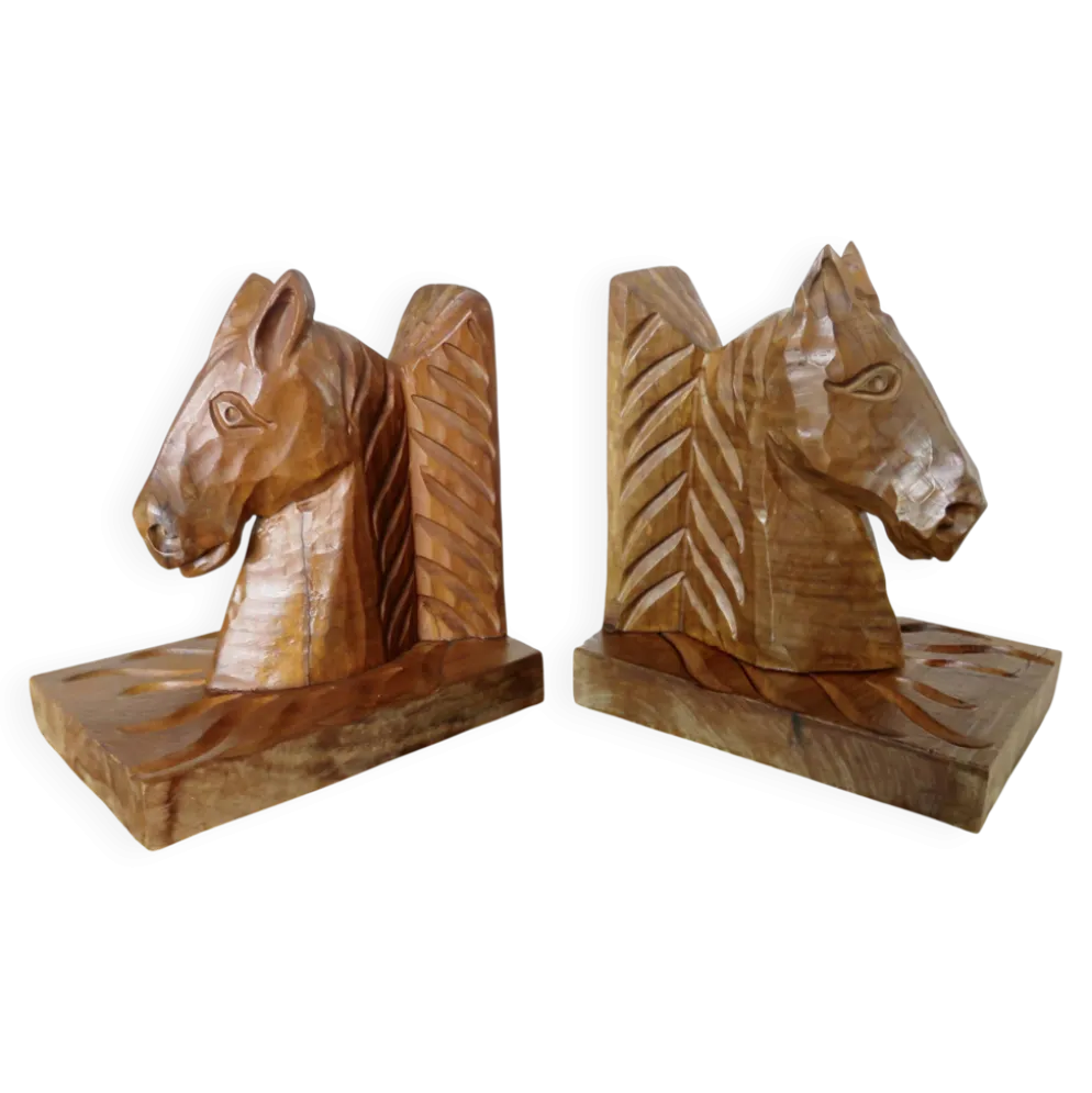 Paire de serre livres "chevaux" en bois de hêtre taillé à la gouge, 30-40