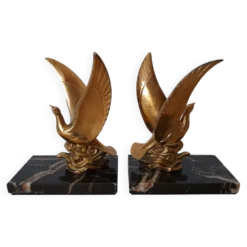 Paire de serre-livres oiseaux dorés sur marbre veiné – Mid-Century vintage