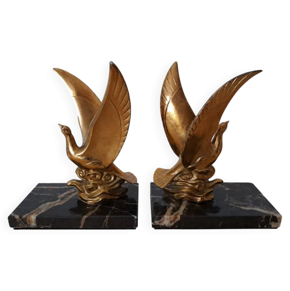Paire de serre-livres oiseaux dorés sur marbre veiné – Mid-Century vintage