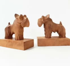Paire de serre-livres vintage chiens en bois, années 50-60