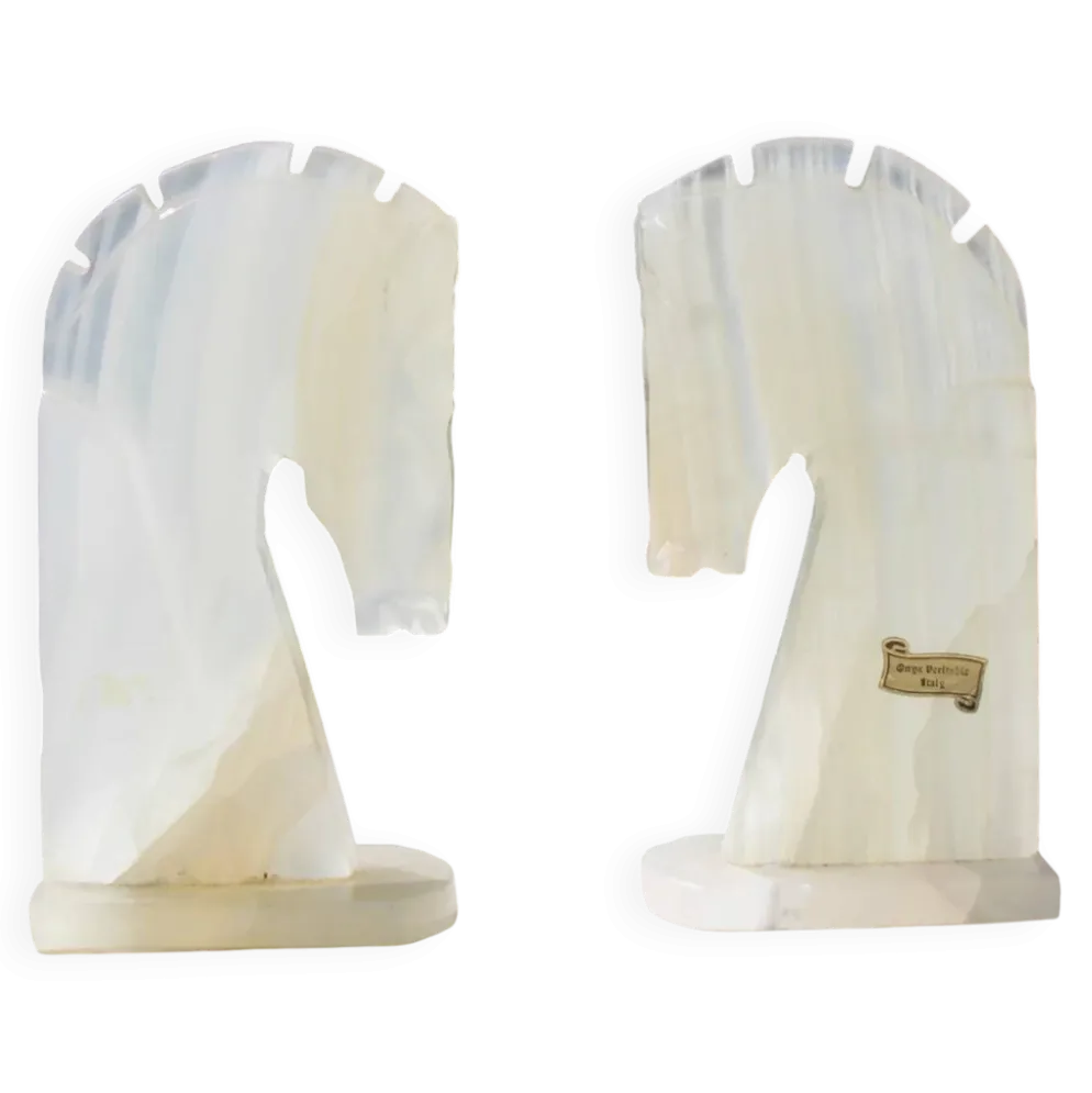 Paire de serre-livres vintage en onyx blanc – Têtes de cheval
