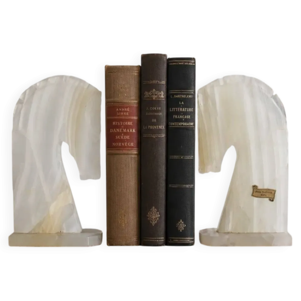 Paire de serre-livres vintage en onyx blanc – Têtes de cheval