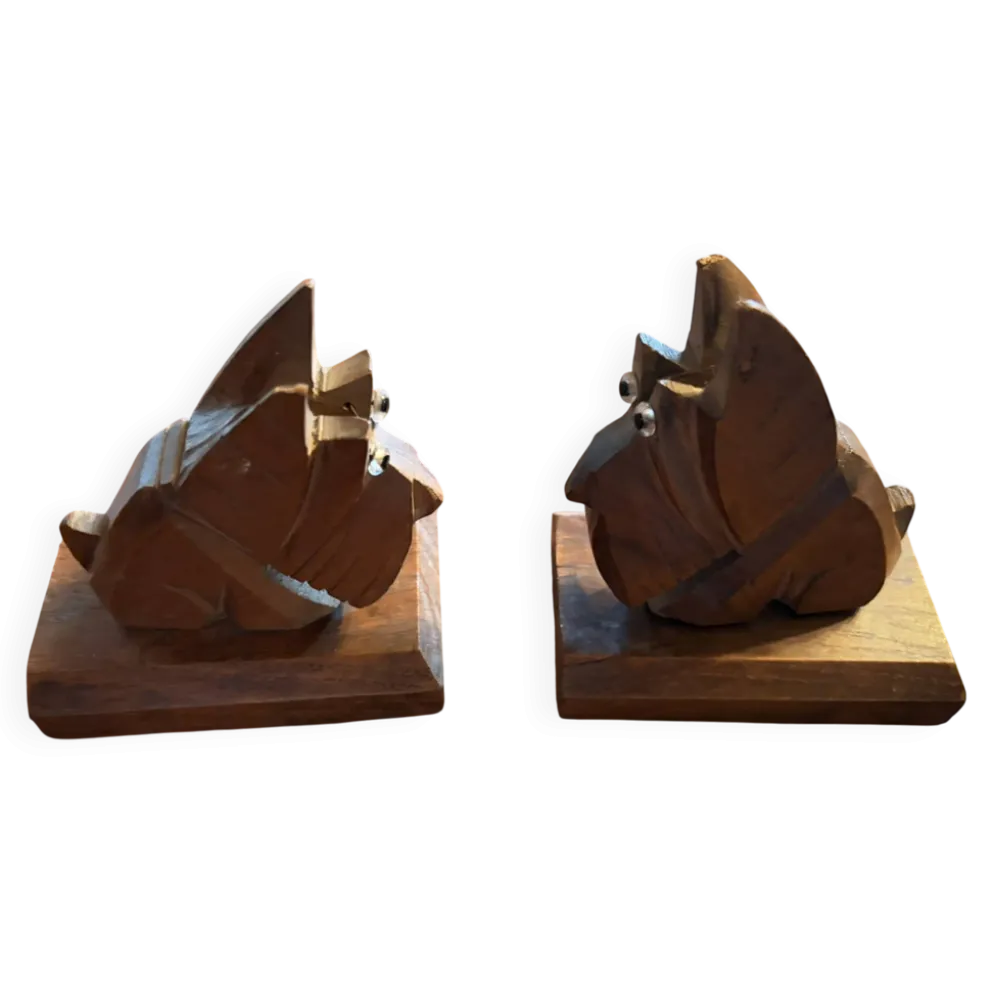 Paire de serre-livres vintage en bois sculpté – chiens Scottish Terrier