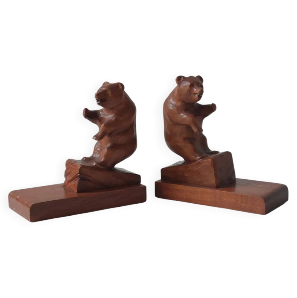 Paire de serre-livres vintage en bois sculpté à la main, décor ours