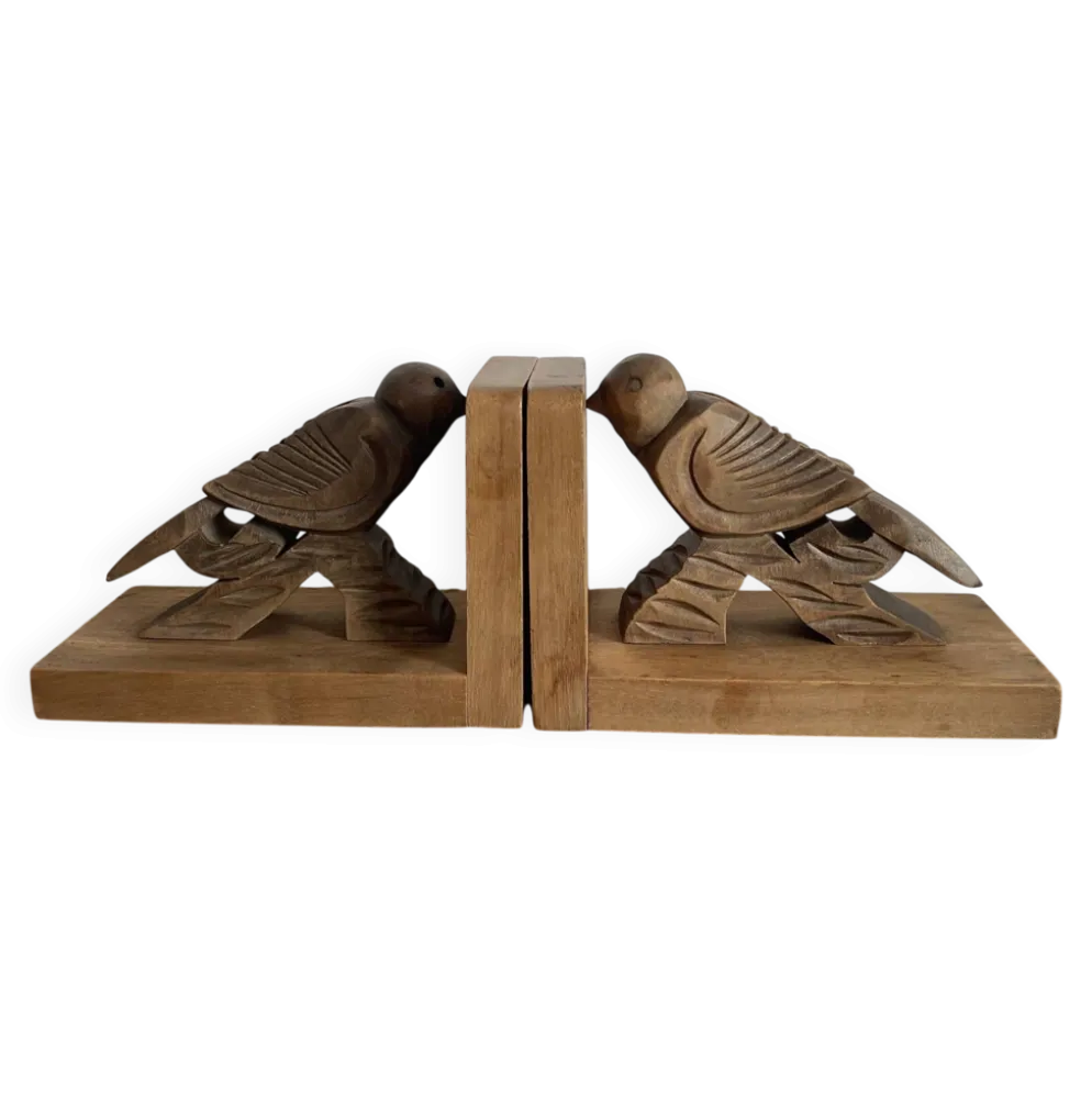 Paire de serres livres art déco en bois sculptés oiseaux