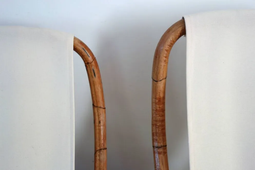 Paire de transats pliants bambou et laiton, Italie, années 60