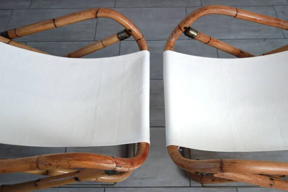 Paire de transats pliants bambou et laiton, Italie, années 60