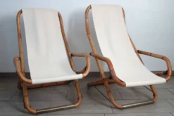 Paire de transats pliants bambou et laiton, Italie, années 60