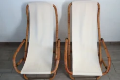 Paire de transats pliants bambou et laiton, Italie, années 60