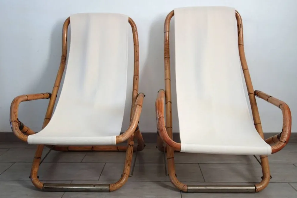 Paire de transats pliants bambou et laiton, Italie, années 60