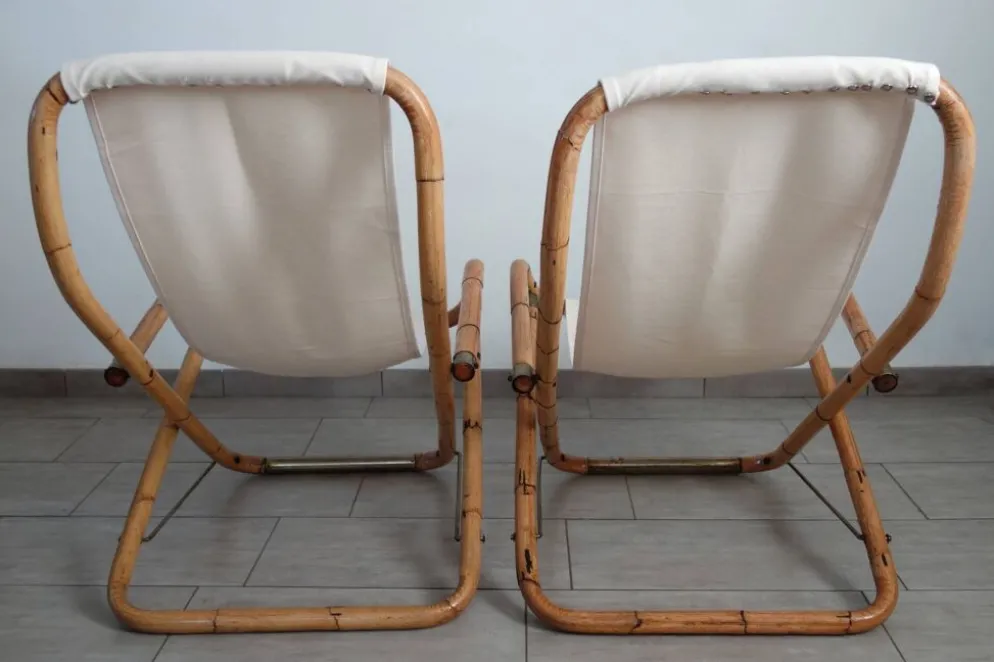 Paire de transats pliants bambou et laiton, Italie, années 60