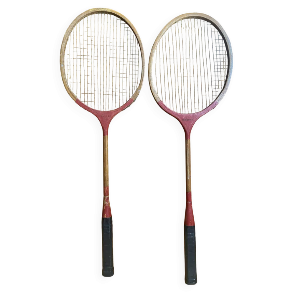 Paire raquette ancienne badminton player bois vintage