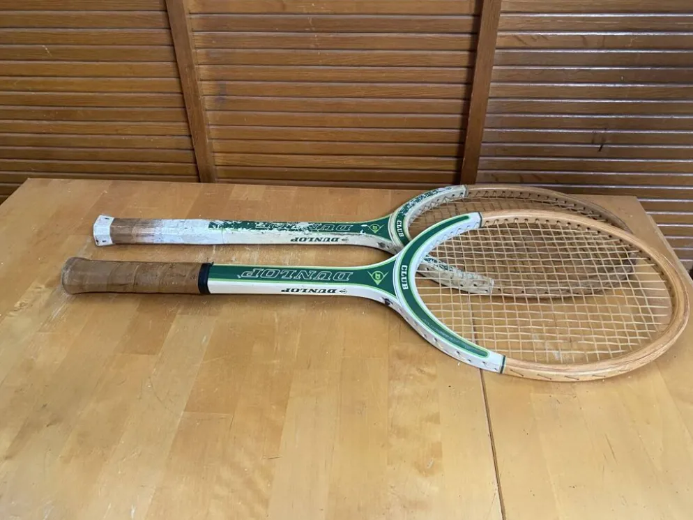 Paire raquette tennis ancienne dunlop club bois + housse sport vintage