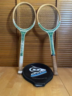 Paire raquette tennis ancienne dunlop club bois + housse sport vintage