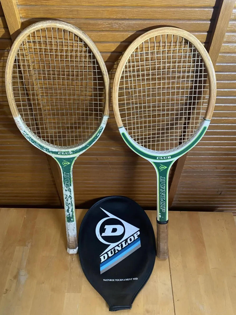 Paire raquette tennis ancienne dunlop club bois + housse sport vintage