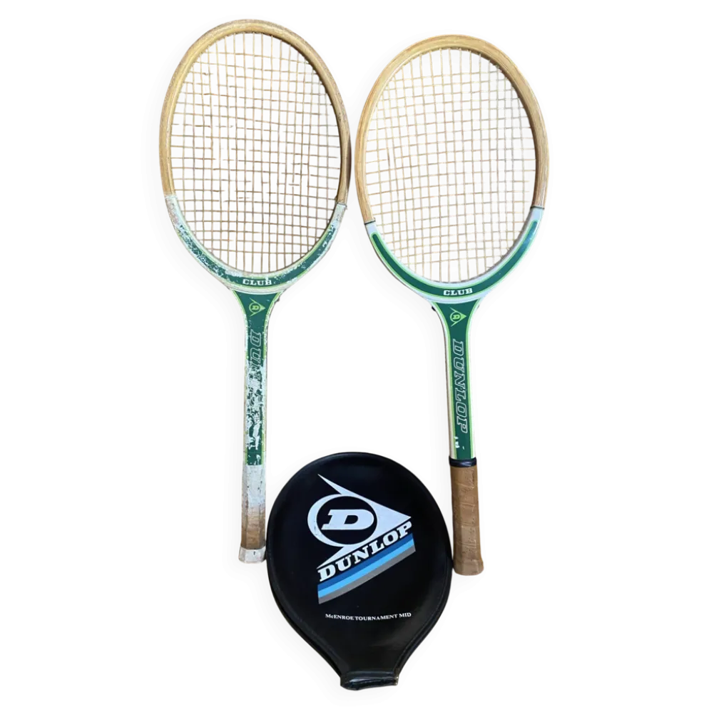 Paire raquette tennis ancienne dunlop club bois + housse sport vintage