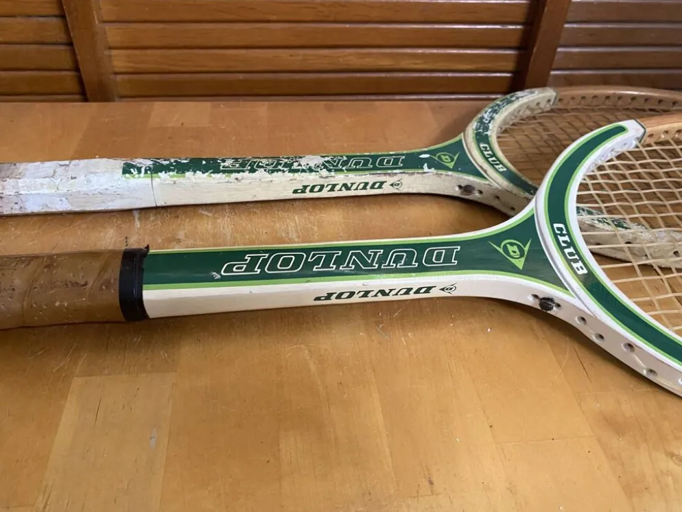 Paire raquette tennis ancienne dunlop club bois + housse sport vintage