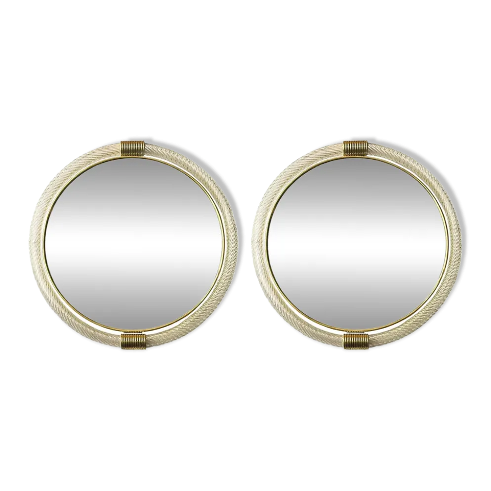Pair of Venetian “Torciglione” Murano Glass Wall Mirrors with Gold Leaf Det