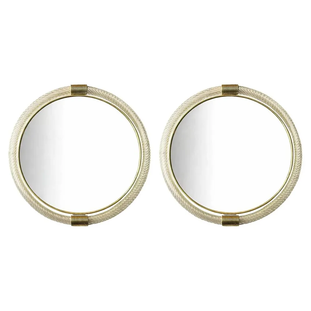 Pair of Venetian “Torciglione” Murano Glass Wall Mirrors with Gold Leaf Det