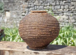 Panier ancien avec couvercle, bourgne paille et ronce, panier tressé, décoration intérieur