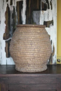 Panier ancien avec couvercle, bourgne paille et ronce, panier tressé, décor