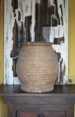 Panier ancien avec couvercle, bourgne paille et ronce, panier tressé, décor