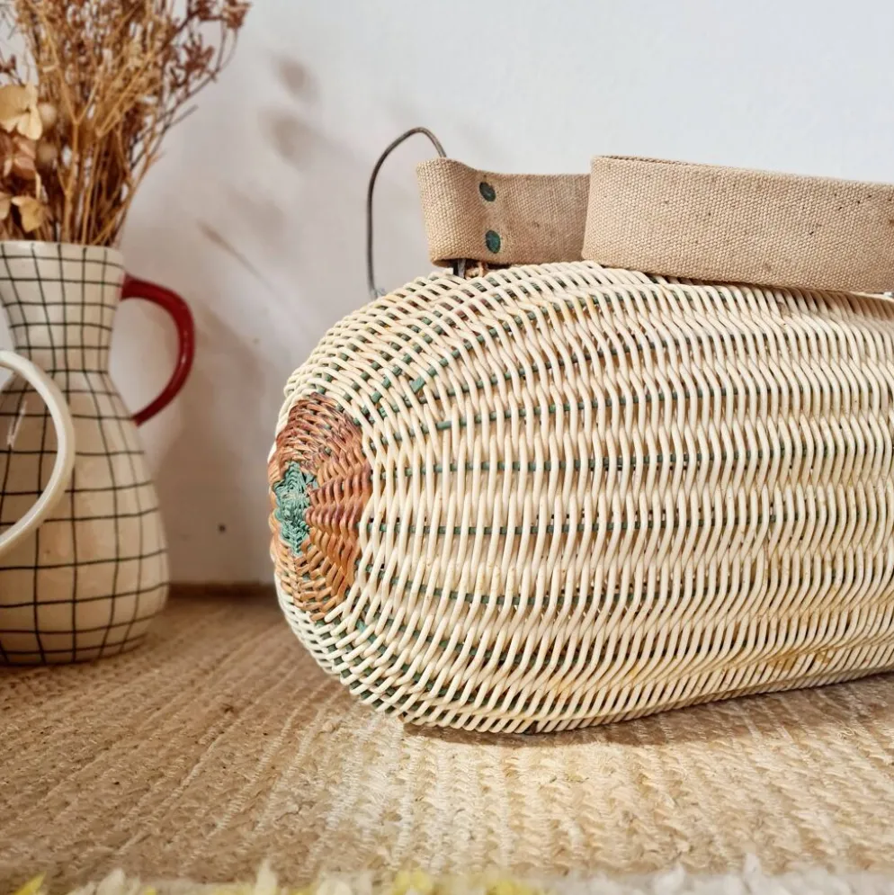 Panier ancien, besace en osier tressé - art populaire