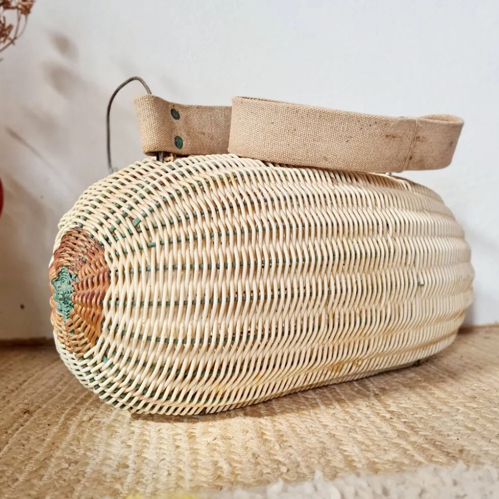 Panier ancien, besace en osier tressé - art populaire