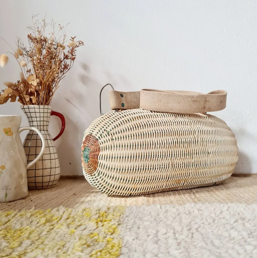 Panier ancien, besace en osier tressé - art populaire