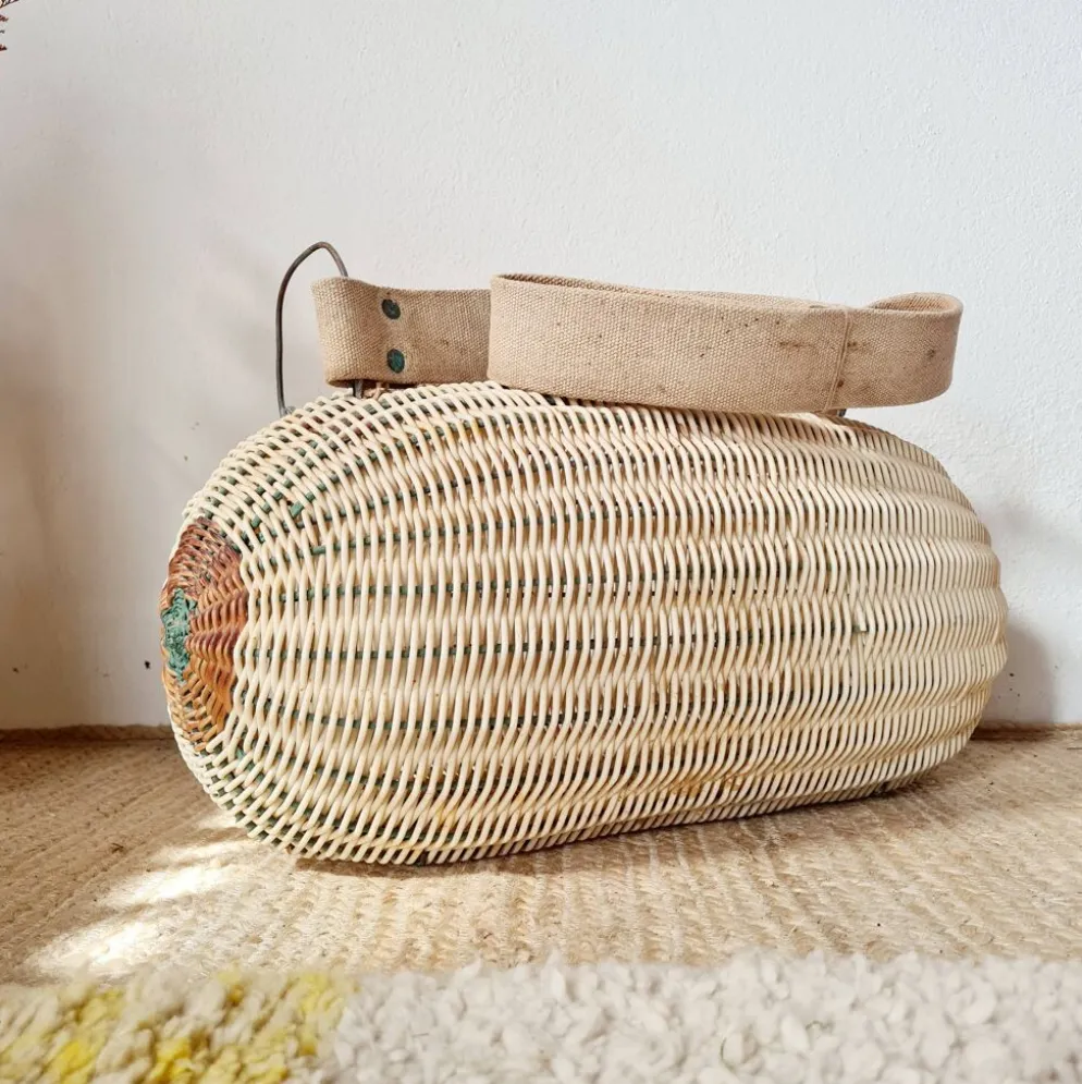Panier ancien, besace en osier tressé - art populaire
