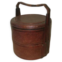 Panier ancien en bois et rotin avec 3 sections, vers 1900