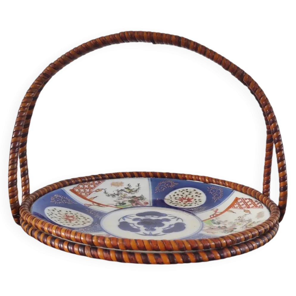 Panier ancien Imari en porcelaine du Japon et rotin tressé - Ère Meiji