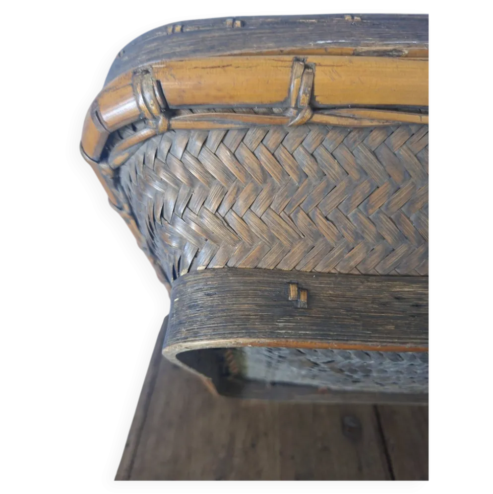 Panier chinois ancien en bambou tressé à couvercle — XIXe/XXe siècle