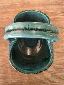 Panier céramique vintage Accolay turquoise Signé Tête de Taureau X.C