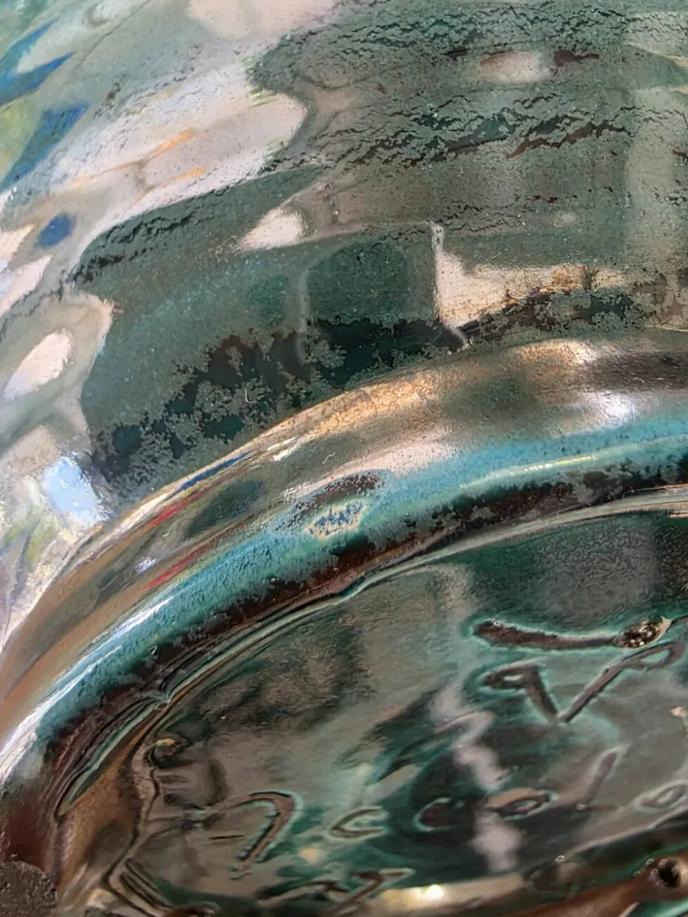 Panier céramique vintage Accolay turquoise Signé Tête de Taureau X.C