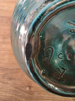 Panier céramique vintage Accolay turquoise Signé Tête de Taureau X.C