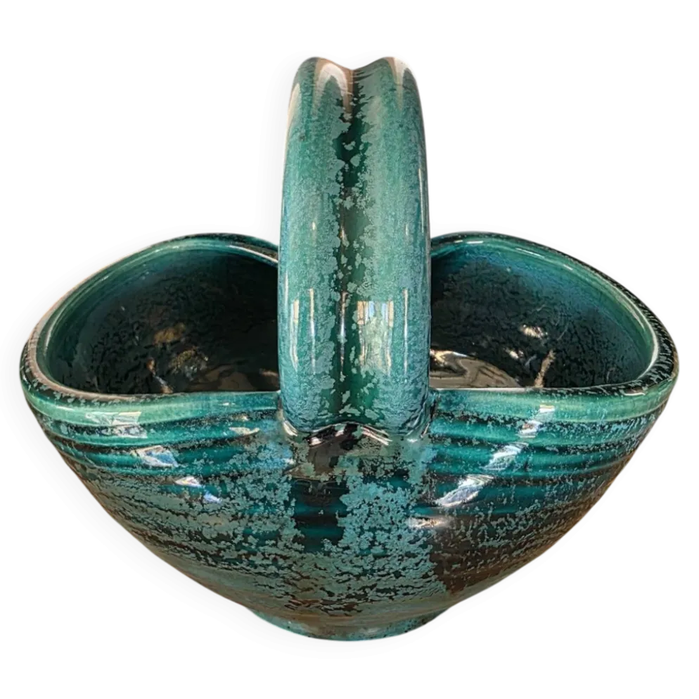 Panier céramique vintage Accolay turquoise Signé Tête de Taureau X.C