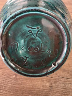 Panier céramique vintage Accolay turquoise Signé Tête de Taureau X.C