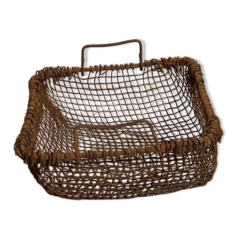 Panier de cheminée en métal rustique tissé antique, Pays-Bas vers 1900
