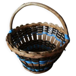 Panier en bois anse ronde vintage tressage bleu noir vintage