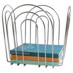 Panier en métal chromé vintage au design Space Age des années 1980 – rangement argenté pour magazines, couvertures, 37x42x34 cm