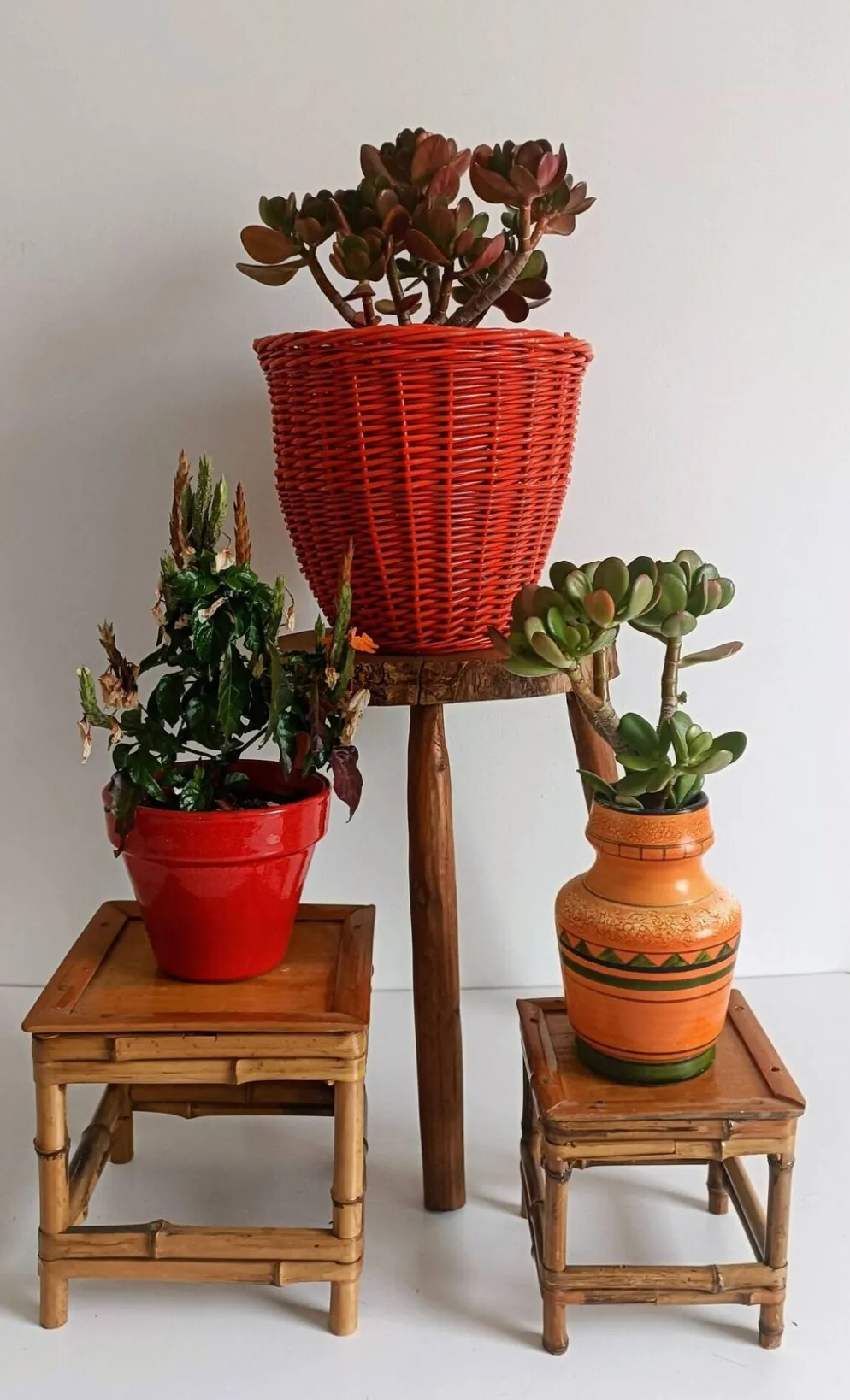 Panier en osier corail rouge bohème des années 1960, France.