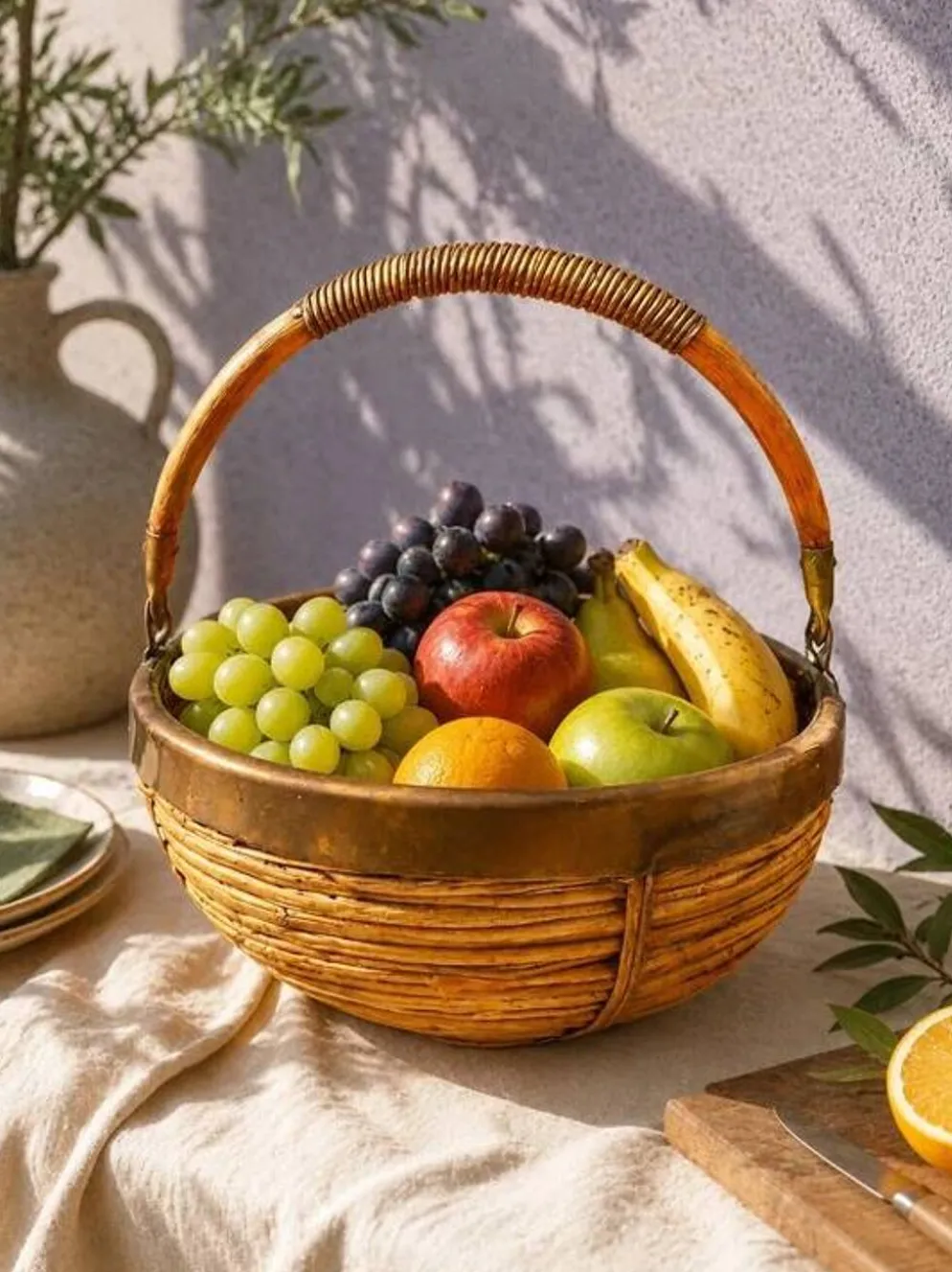 Panier en rotin et laiton 1970