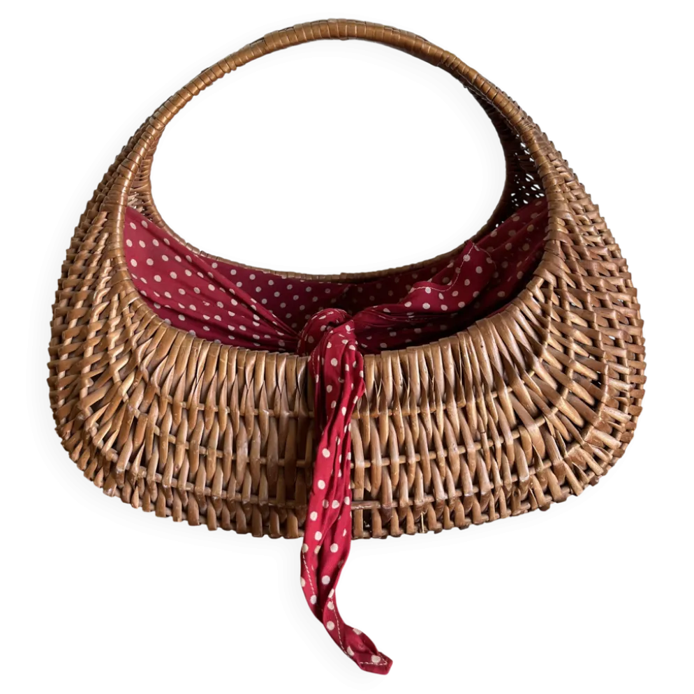 Panier gondole en osier 1960 doublé de coton a pois rouges
