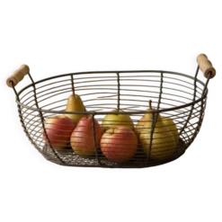 Panier ovale en métal grillagé avec poignées en bois