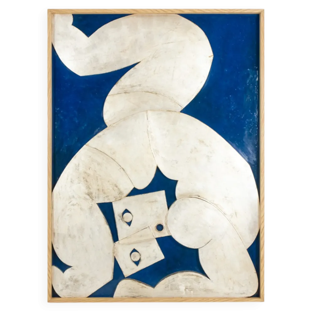 Panneau en bas-relief « L’Acrobate » argenté sur fond bleu. Contemporain.