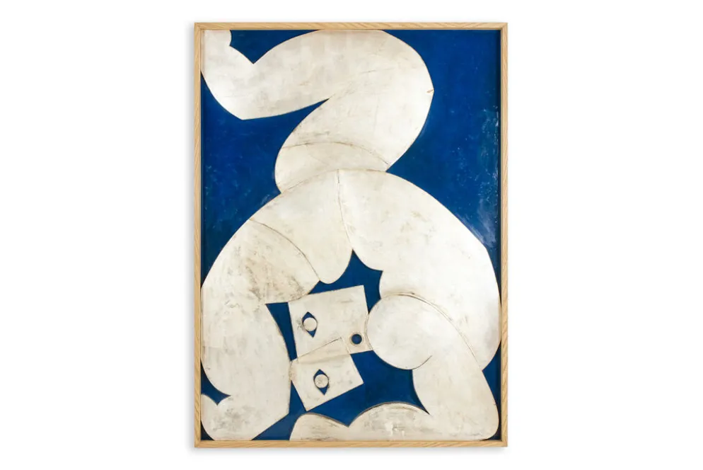 Panneau en bas-relief « L’Acrobate » argenté sur fond bleu. Contemporain.