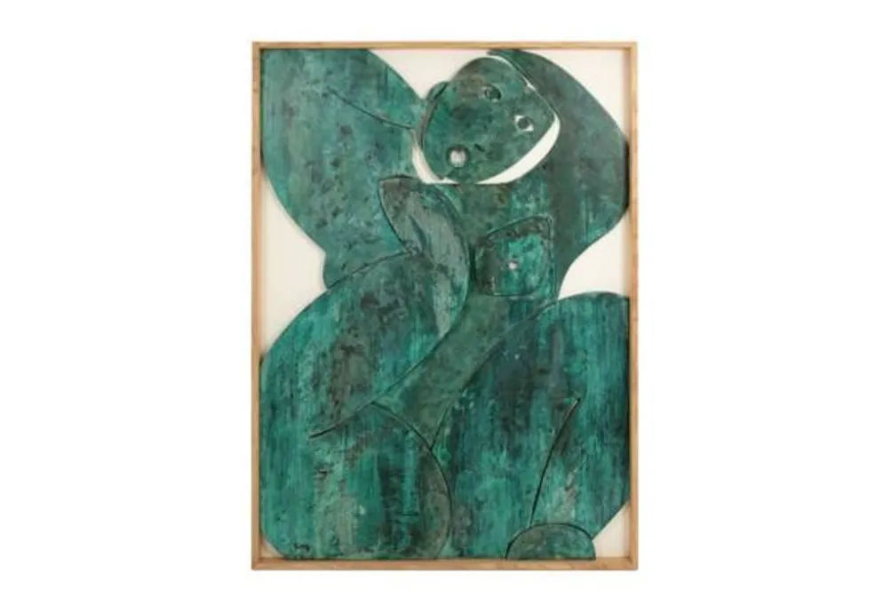 Panneau en bas-relief « Sortez du cadre !» en bois patiné. Contemporain
