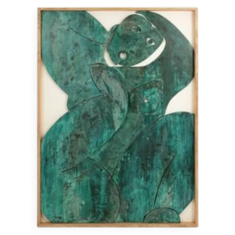 Panneau en bas-relief « Sortez du cadre !» en bois patiné. Contemporain